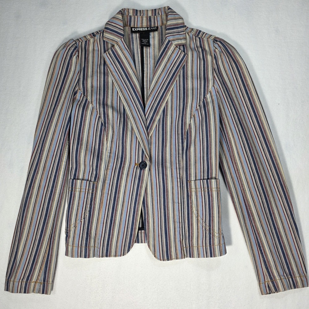 Vintage Express Jeans Womens Size 1/2 Striped Blazer Jacket Made In Hong Kong